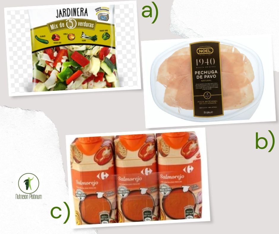 Verdura a la jardinera con jamón de york y 1 tetrabrik de salmorejo.